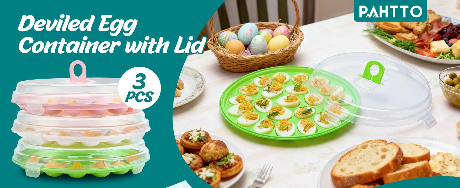Deviled Egg Container with Lid, 3 Pack Stackable Deviled Egg Platter with Handle, 66-Slot Egg Carrier Tray for Fridge Storage, Easter, Christmas, Parties, Picnic, Dishwasher/Freezer Safe