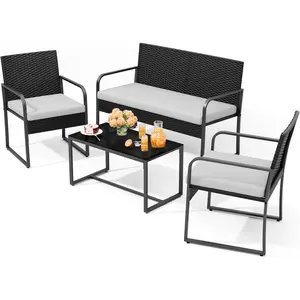 Gizoon 4 Piece Patio Furniture Set, Wicker Furniture with Glass Coffee Table, Outdoor Rattan Conversation Set, for Backyard, Poolside, Porch, Lawn, Cushion-Grey