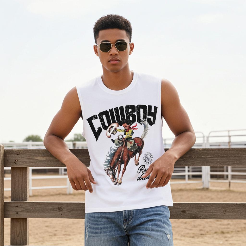 Sopula Studio Men's Cowboy Rodeo Dreams Print Tank Top Sleeveless Casual Crewneck Workout Tanktop