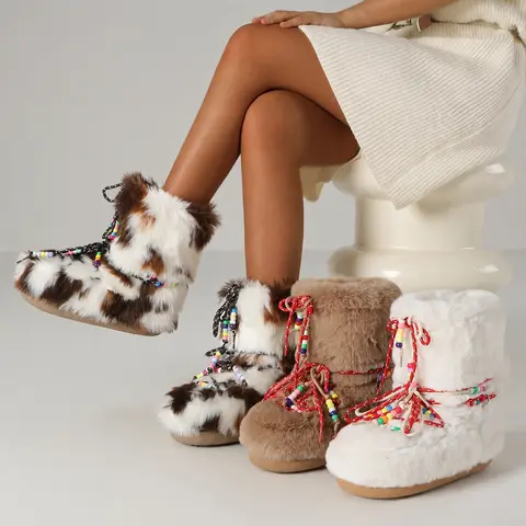 AOSPHIRAYLIAN Women's Fuzzy Ankle Boots - PU, Fashion, Boho Cute, Basic, Beaded Laces, Winter Fleece-Lined, Non-Slip, Water-Resistant, Mid-Calf Platform, Casual Warm Footwear (Black, White, Brown, Camel)