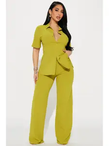 Makenzie Short Sleeve Pant Set - Chartreuse, Button Up, Wide Leg, 33" Inseam, 100% Polyester, Non-Stretch, Imported