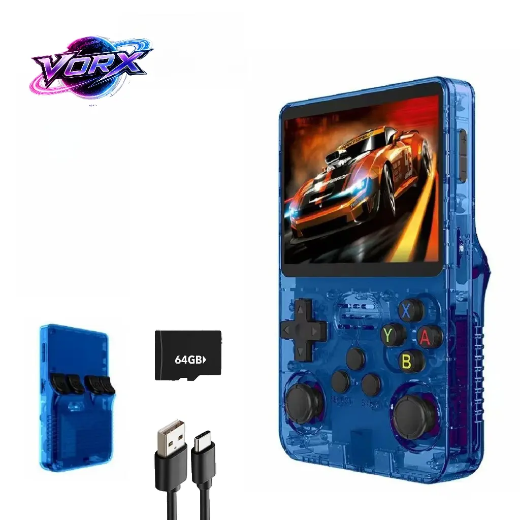R36S Portable Handheld Game Console: Features a 3.5-inch IPS screen, 3000mAh battery, and a 64GB TF card pre-loaded with over 15,000 classic games; a retro console suitable for both adults and children—an ideal holiday gift.