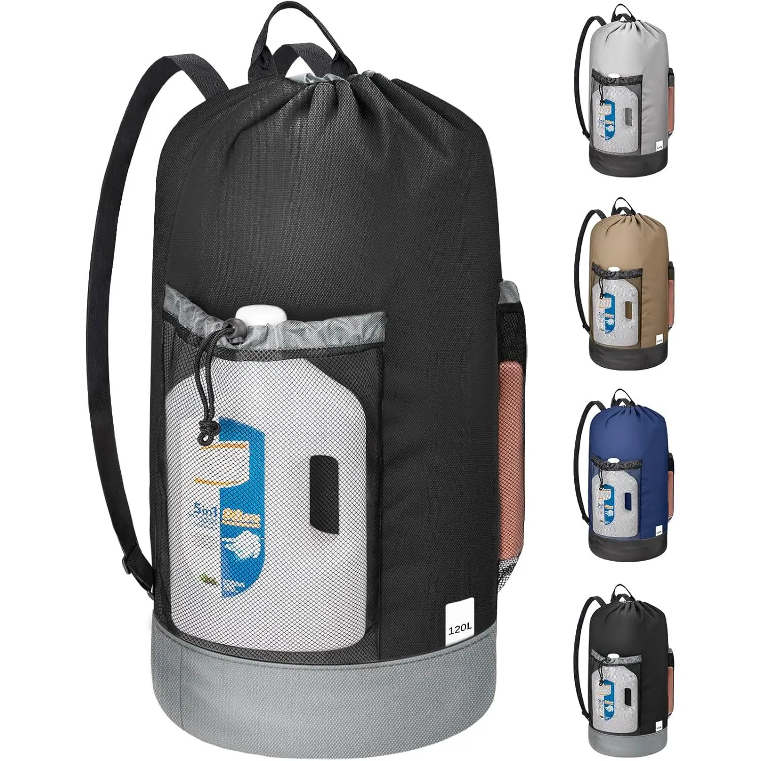 120L Laundry Bag Backpack Laundry Organizer - Heavy-Duty 900D Oxford Fabric, Portable Waterproof, Adjustable Shoulder Straps, 2 Mesh Pockets, 29"h x 13"l Foldable, Machine Washing Bags for College Dorm, Laundromat, Apartments, Laundry Baskets, Accessories