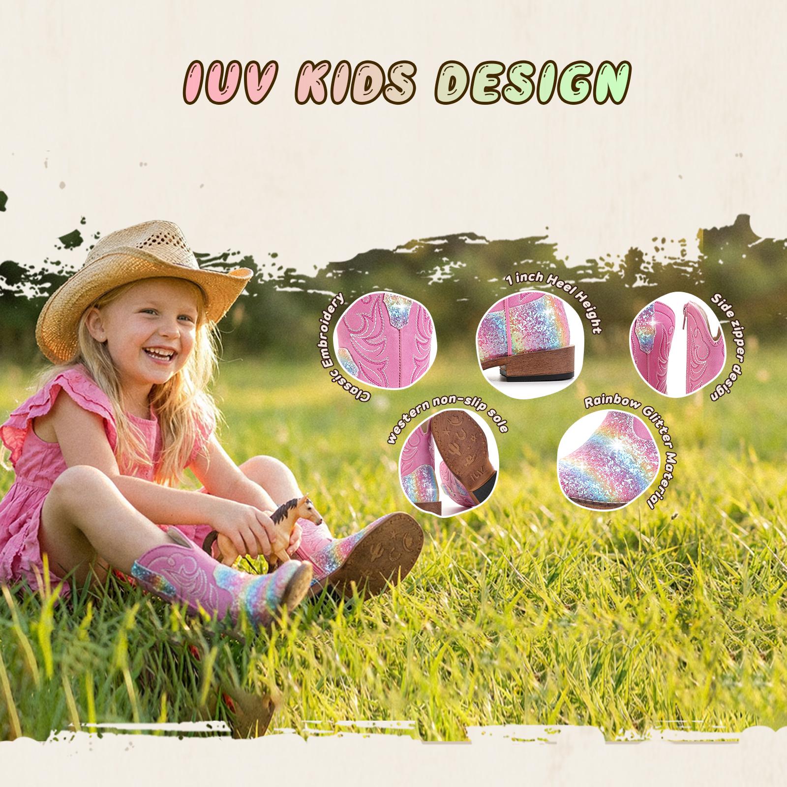 IUV Girls Cowgirl Boots Toddler Boys Cowboy Boots for Kids Western Square Toe Riding Mid Calf Boot