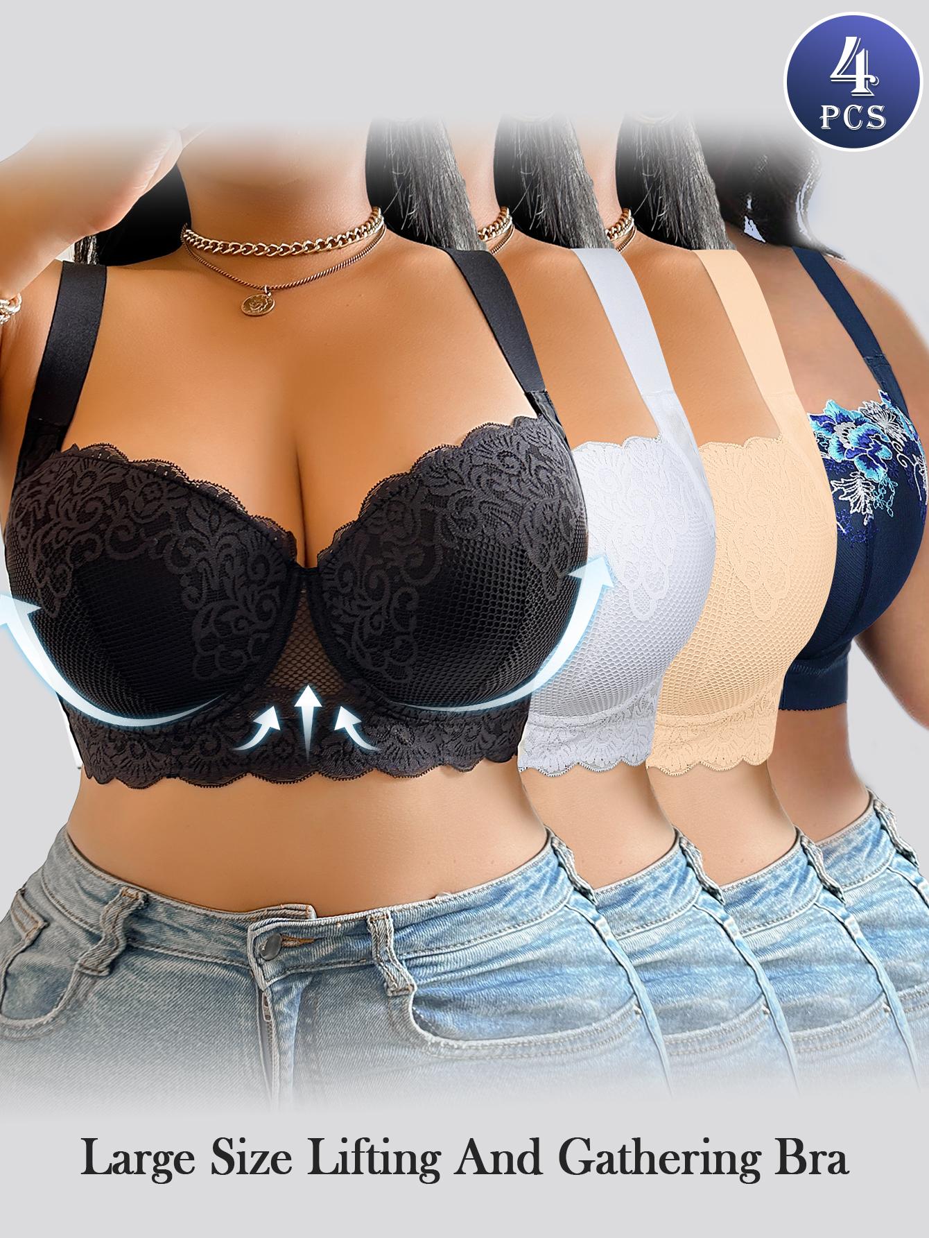 Plus Size  4-Pack Push-Up Jacquard Bras - Adjustable Straps and Underwire, Wide Straps for Everyday Comfort, Women's Underwear full coverage bra comfort Hide Back Fat Smoothing Bra Comfortable seamless pushup non wire Fit supportive Multicolor Lace