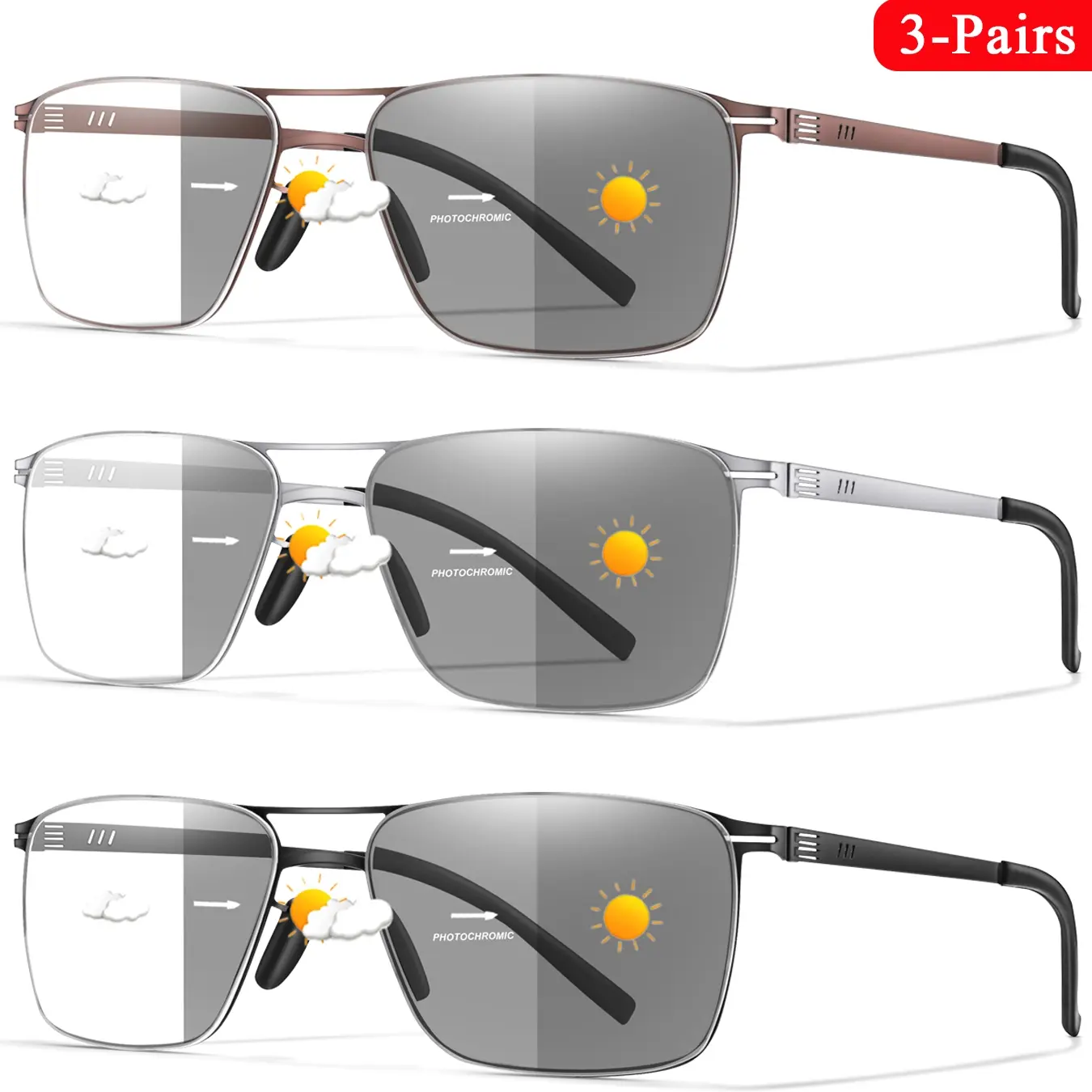 3 Pack Photochromic Fashion Metal Frame Reading Glasses, Classic Blue Light Blocking Readers for Men & Women, Unisex High Quality Eyewear Set Photochromic Eyeglasses, Transition Eyeglasses