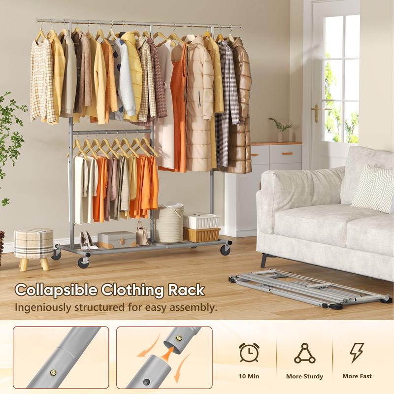 Raybee Gold Heavy Duty Clothes Rack with Wheels, Adjustable & Portable Rolling Clothing Racks for Closet, Bed Room, Laundry Room, Commercial Use