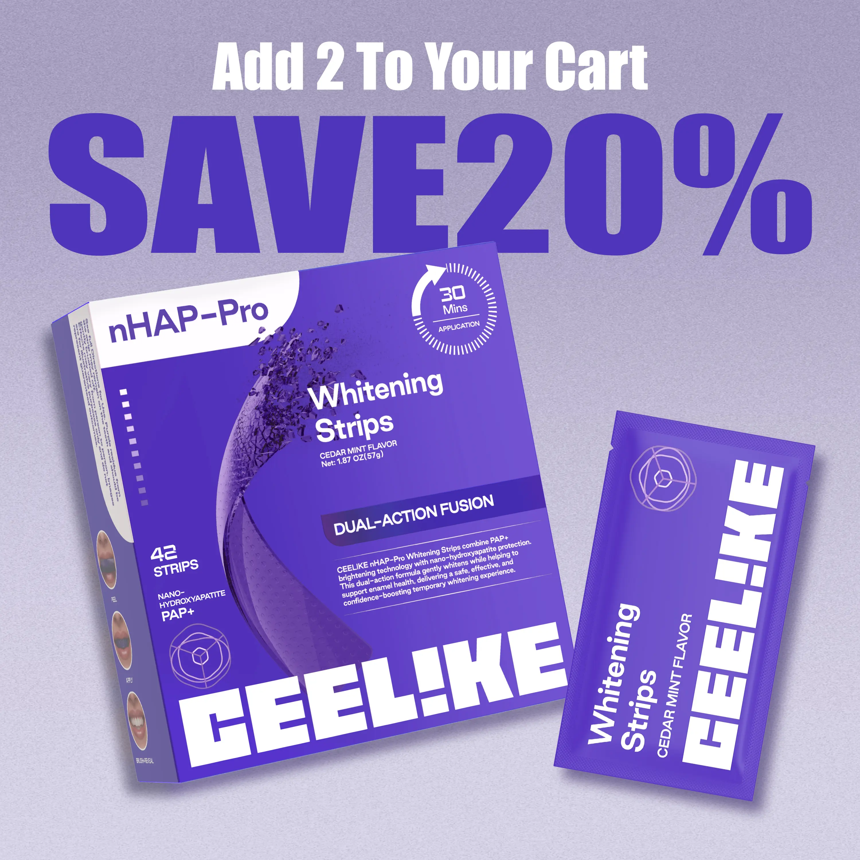 CEELIKE  Purple Teeth Whitening Strips  With Free Cheek Retractor - 7/21 Whitening Sessions -Nano-Hydroxyapatite Safe for Enamel - Non Sensitive Teeth Whitening - Peroxide-Free