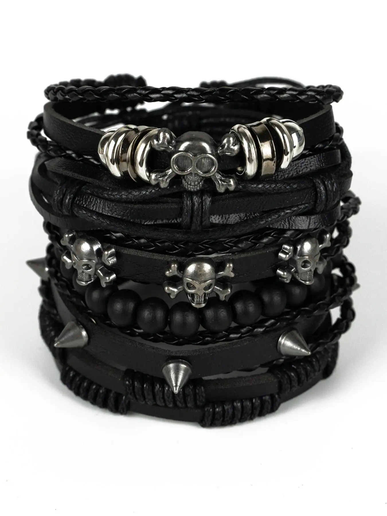 Punk Style Skull & Rivet Design Bangle Bracelet, Goth Braided & Beaded Bracelet for Both Men & Women, Trendy All-match & Exquisite Jewelry for Birthday Gift, Halloween, Gothic Witch Jewelry, Trendy Stackable Beaded Bracelet Sets, Bracelets Stack