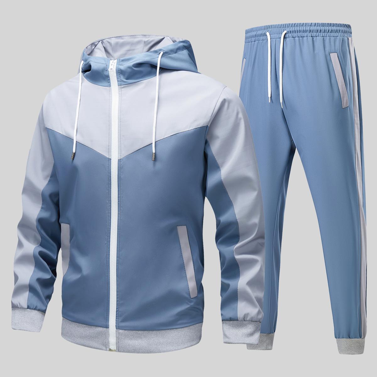 Men's Colorblock Casual Hooded Jacket & Jogger Pants Set Machine Washable Trendy All Season Outfit Regular Fit for Daily Leisure Sport Menswear Long Sleeve Clothes Suits.