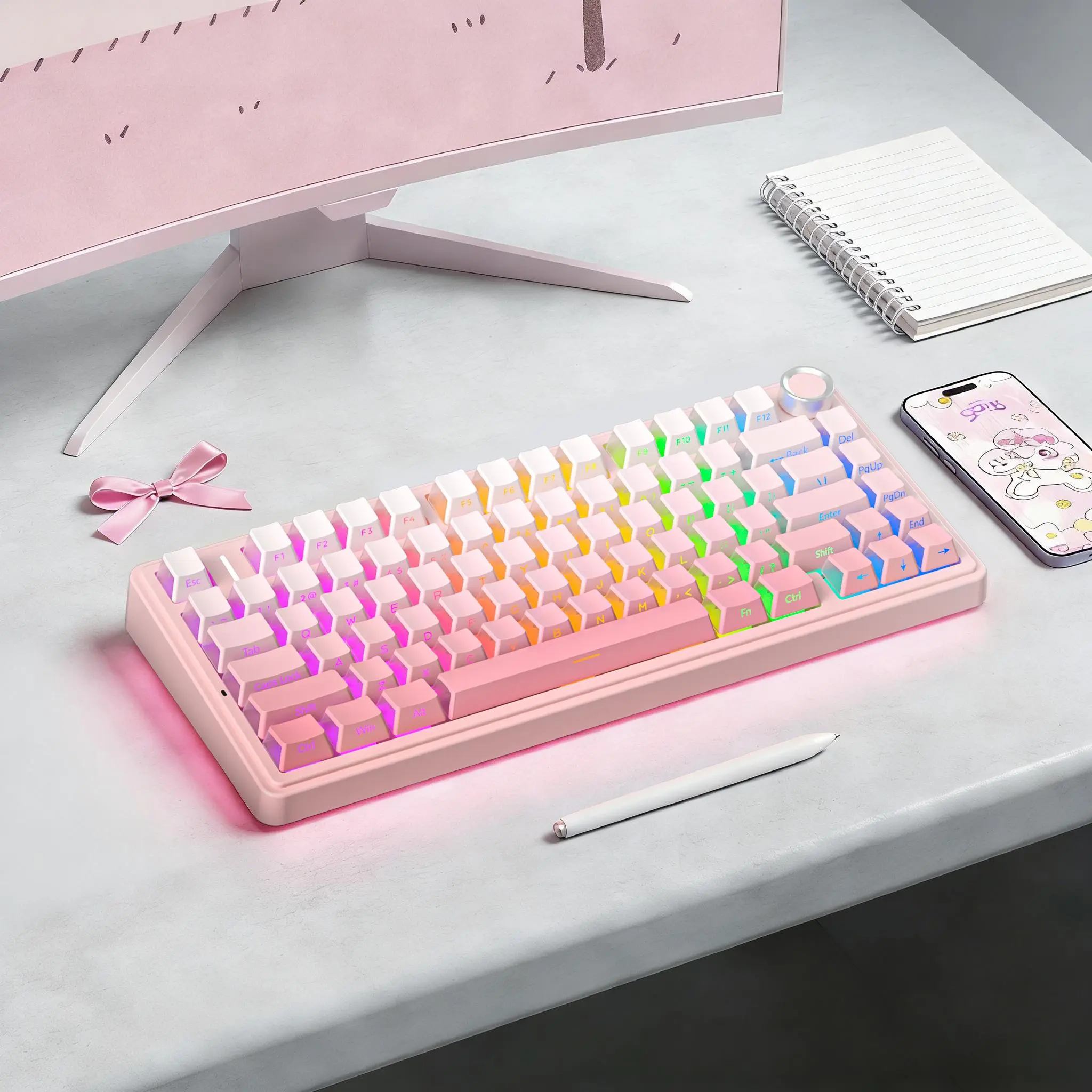 AULA F75 Pro Pink Aesthetic Bluetooth Keyboard - Creamy Silent Mechanical Keyboard with 3-Side Glow RGB Keycaps, Customizable Switches for Cute Desk Setup, Creamy Keyboard,back to school,back to school haul