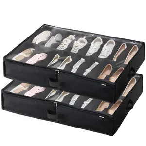 Set of 2 Under Bed Shoe Storage Organizers, 32 Compartments Total, Clear Window, Breathable & Foldable Fabric Containers with Reinforced Handles