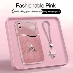 Luxury Pink Phone Case with Lanyard Initial Letter A-Z Cover for iPhone X --975