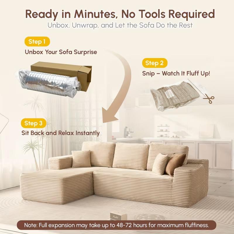 【2 Packages Shipping】105.86" L-Shaped Boneless Sectional Cloud Couch Corduroy Velvet Modular with Chaise No Assembly Required Sofa Living room furniture，real boneless couch