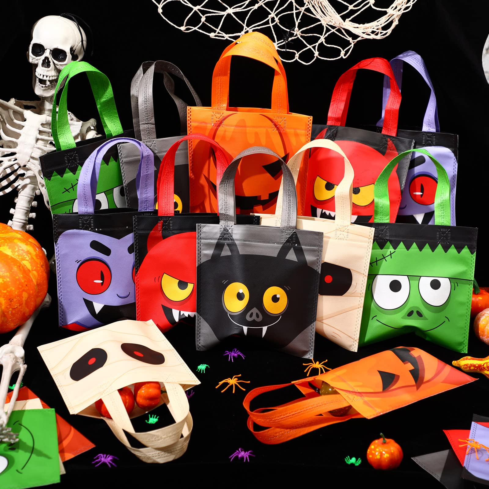 30 Pcs Halloween Candy Bags Non Woven Gift Bags with Handle Trick or Treat Bags with Ghost Vampire Zombie Bat Black Cat Patterns,Snack Goodie Bags for Students Adults,Halloween Birthday Party Favor Supplies