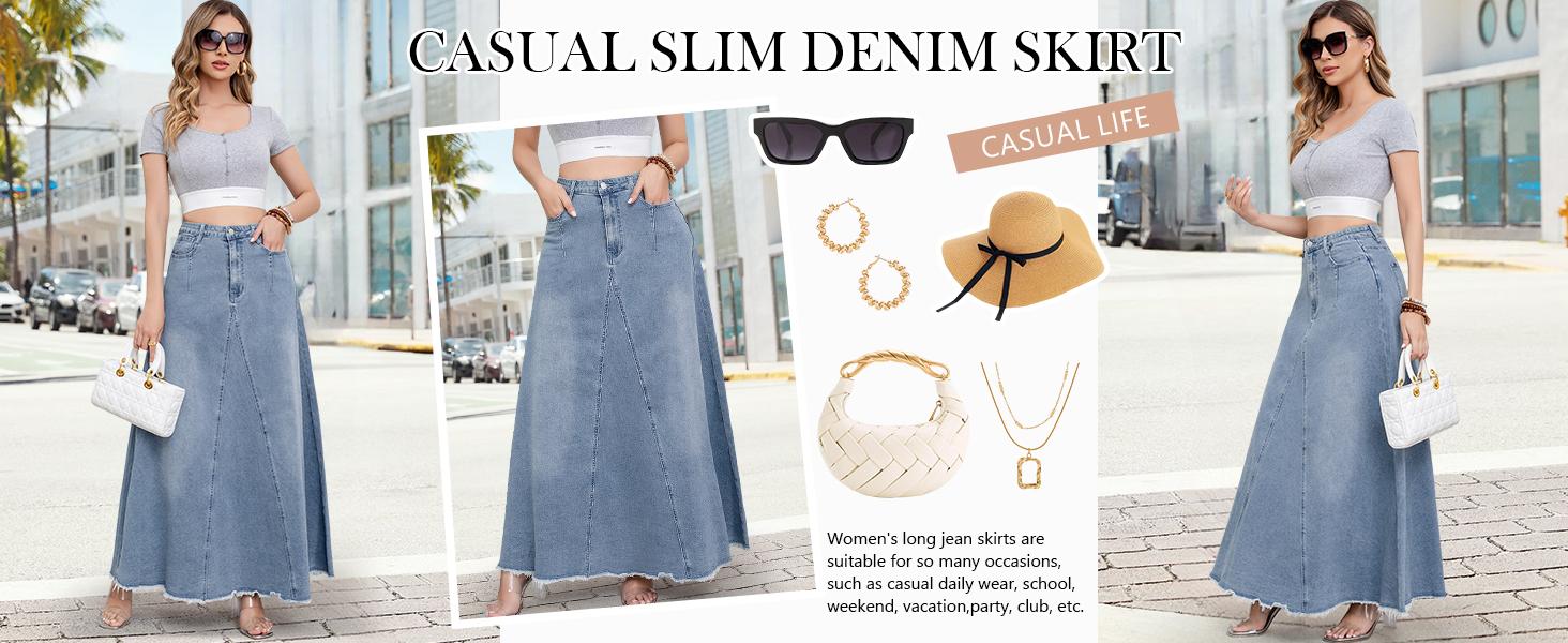 Ebossy Women's Retro Distressed High Waist Frayed Hem A Line Wash Maxi Long Denim Skirt with Pockets & Tassels for Casual & Party Wear Ebossy Women's Retro Distressed High Waist Frayed Hem A Line Wash Maxi Long Denim Skirt with Pockets & Tassels for Casual & Party Wear