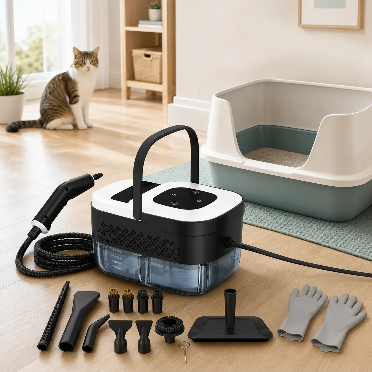 ECORUI Portable Steam Cleaner for Pet Homes, 221°F High-Temperature Handheld Steamer with 15-Second Heat-Up, 6 Steam Levels, 18 Attachments for Litter Boxes, Floors, Crates, Feeding Areas & More