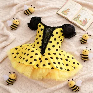 Yellow/Red Polka Dot Tutu | Puff Sleeve Lace Trim Ballet Performance & Party Dress