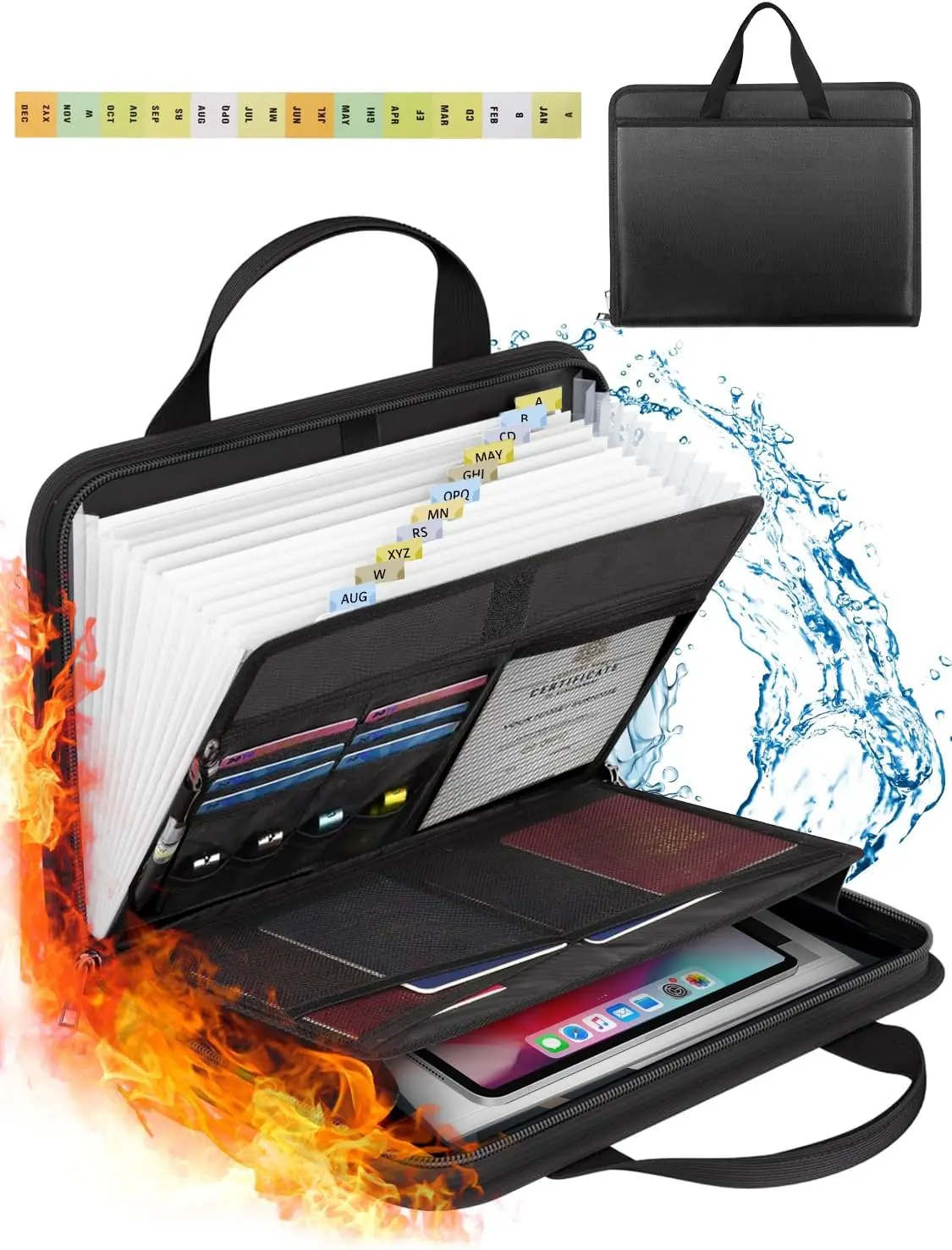 Fireproof 13-Pocket Accordion File Organizer, Versatile Zippered Labelled Zips Document Folio, Expanding Storage Folder for Office Business Use with Receipt Organization