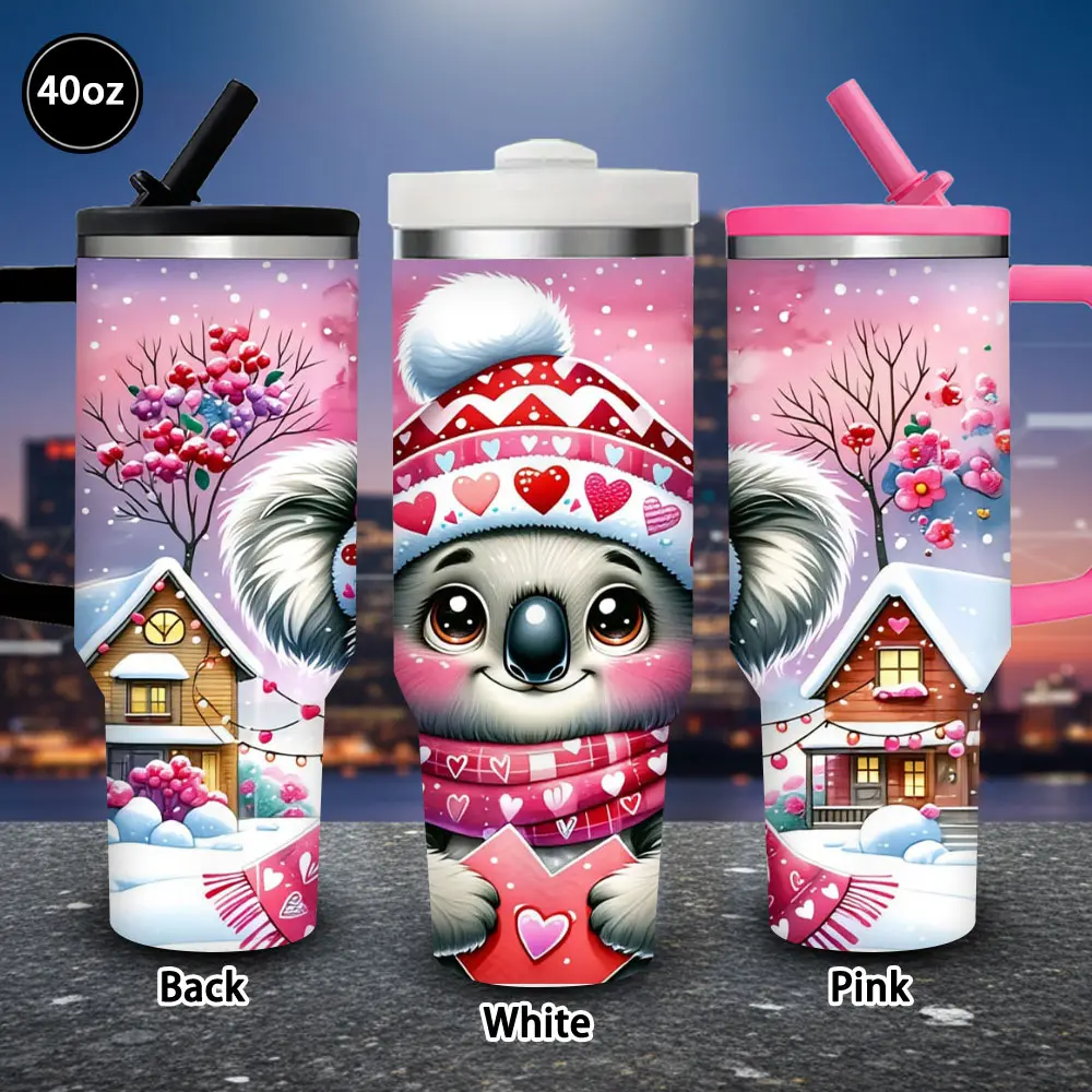 Women's 1pc 40oz Print Vacuum Flask Tumbler - Cute Koala with Heart Pattern, Winter Insulated Portable Drinkware with Lid and Straw, Office Coffee Cup, Ideal Valentine's Day/Birthday Gift for Adults