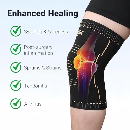 Copper Knee Braces with Strap 2 Pack, Adjustable Compression Sleeve for Knee Pain, Arthritis, ACL, Meniscus Tear | Support for Running, Basketball, Weightlifting, Workout | Men & Women