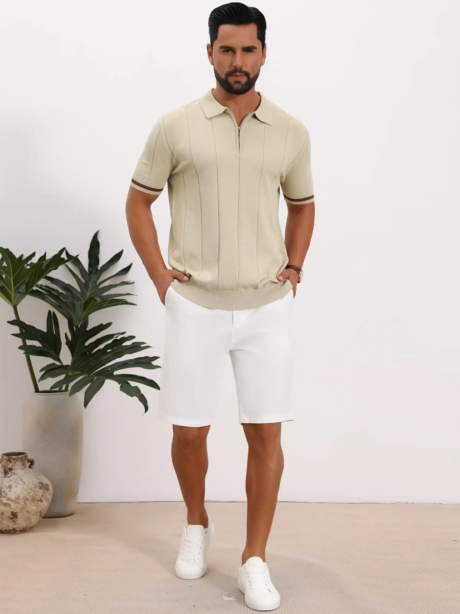 INSPIRE CHIC Men's Textured Polo Shirt Zip Up Ribbed Hem Short