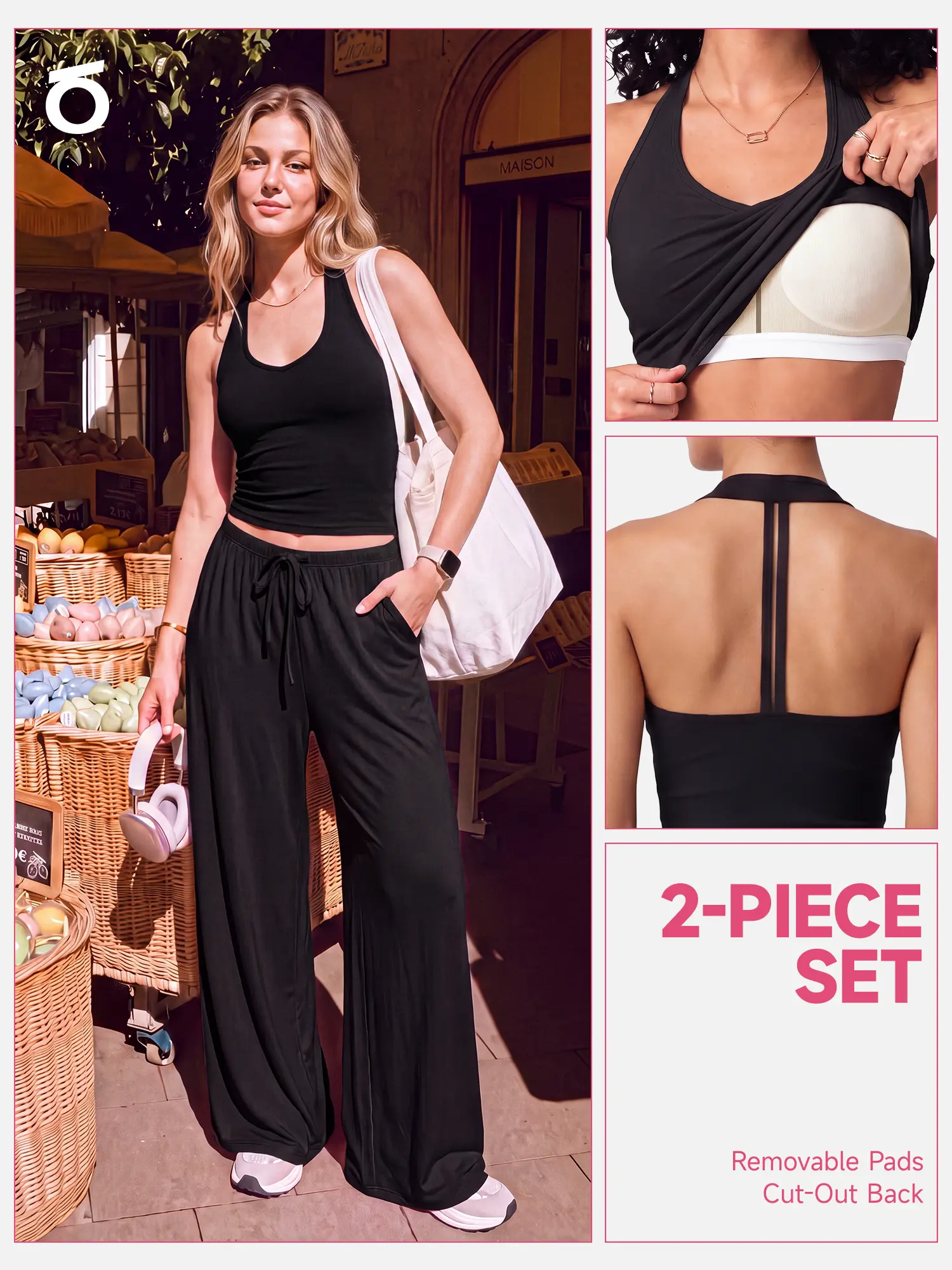 【Ready Together】SHOWITTY Womens Athleisure 2 Piece Set, Built-In Bra Tank Top & Wide-Leg Pants with Pockets, Open Back Active Outfit #tiktokshopsummersale