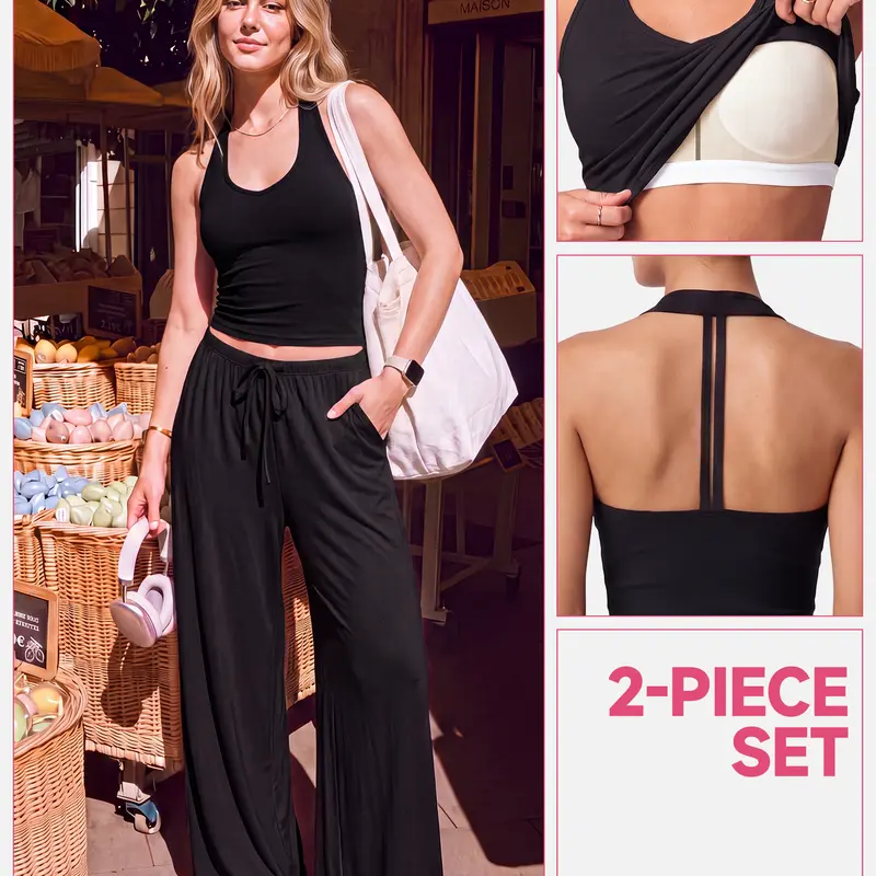 【Ready Together】SHOWITTY Womens Athleisure 2 Piece Set, Built-In Bra Tank Top & Wide-Leg Pants with Pockets, Open Back Active Outfit #tiktokshopsummersale