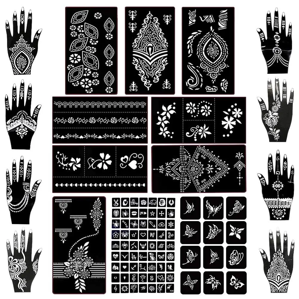 Women's Henna Tattoo Stencil Kit - 18 Rectangular PVC Sheets, 97 PCS, Glitter Airbrush Patterns (Clown, Spider), Arabian Realistic Temporary Tattoos for Body Art, Face Painting, Mehndi Designs, Flower, Body Parts, Deer, Tattoo Art