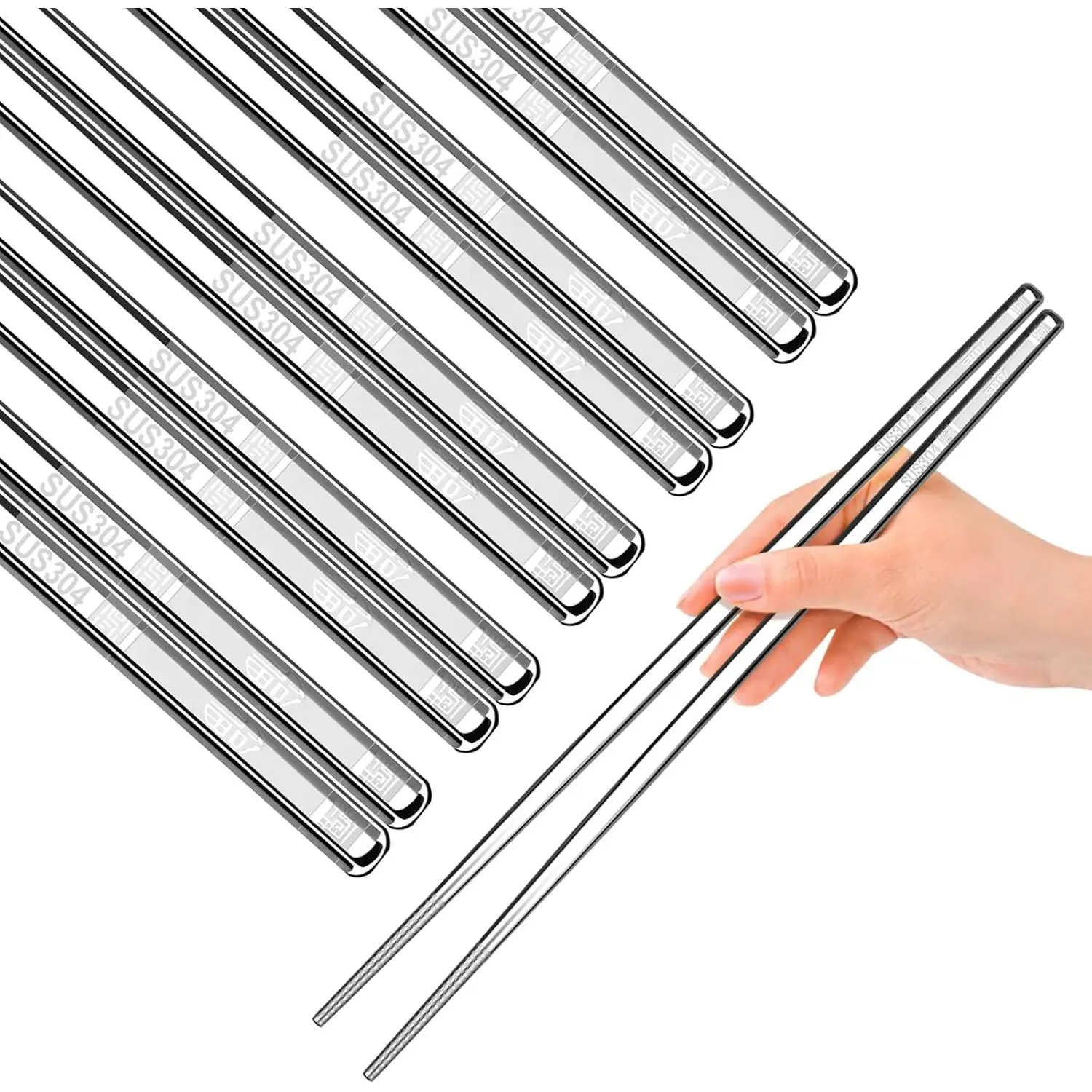 304 Stainless Steel Square Metal Chopsticks Set, 8.7in Lightweight Non-Slip Durable Cutlery, Dishwasher-Safe Tableware for Kitchen, Sushi, Eating Noodles & Restaurant Use, 304 Stainless, Durable