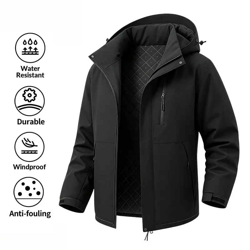 Warm quilted-lined windproof water-resistant jacket | Durable anti-stain hooded winter work and hiking coat; quilted-lined water-resistant windproof durable anti-stain hooded winter outdoor hiking work warm coat Menswear Tops