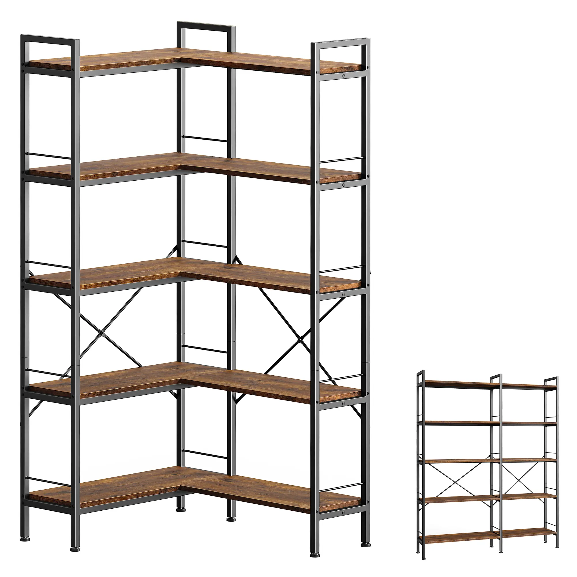 Huuger Sturdy Freestanding L-Shaped Corner Bookshelf - 5-Tier 10 Open Shelves, 49.4in Long Straight Wide Bookcase, Metal Frame, Wooden Board, Adjustable Legs, Easy Assembly, Apartment Stuff