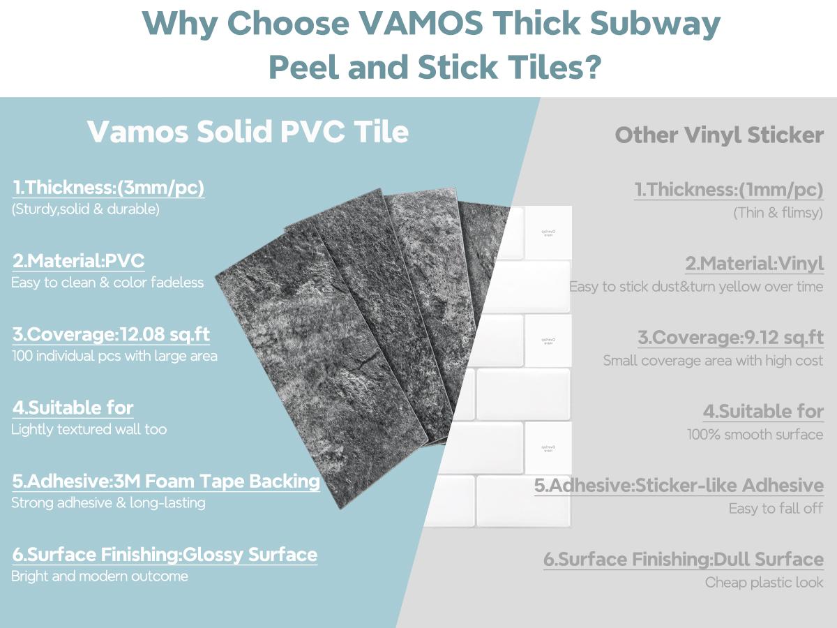 Vamos Tile 100-Piece Matt Beige Mixed Grey Slate Peel and Stick Backsplash Seamless Tile,3''x6'' PVC Subway Tile,Stick on Backsplash for Kitchen/Bathroom/Laundry Room