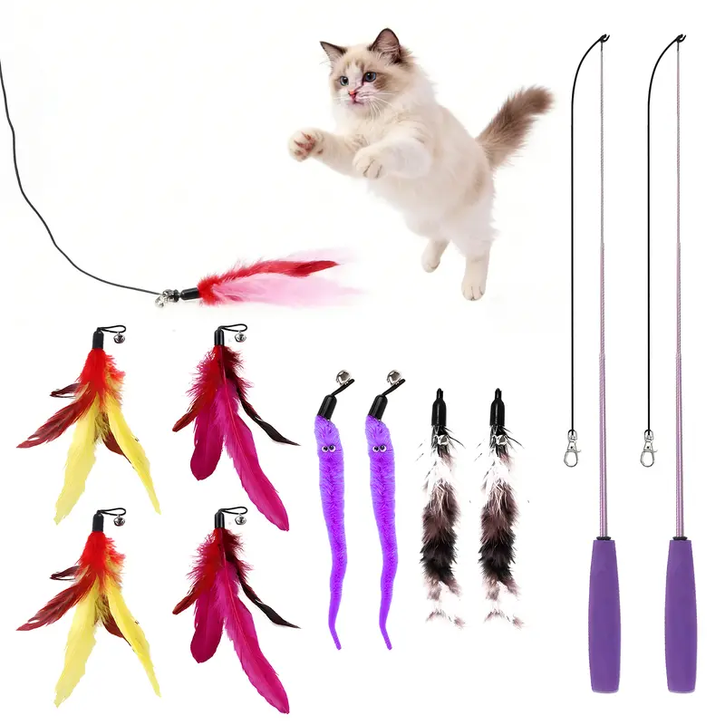 Cat Toys for Indoor Cats, Interactive Cat Toy Wand Pack, Plush Kitten Toys, Cat Feather Fishing Pole Toy for Play Chase Exercise, Summervibes
