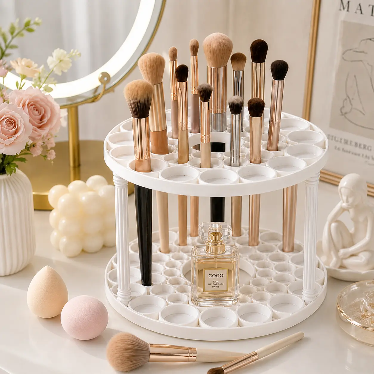 Large Capacity Cosmetic Organizer - Home Organizer Boxes with Makeup Brush Display, Desk Accessories Storage, Beauty Storage Solutions for Student Desk, Bedroom Vanity, Office