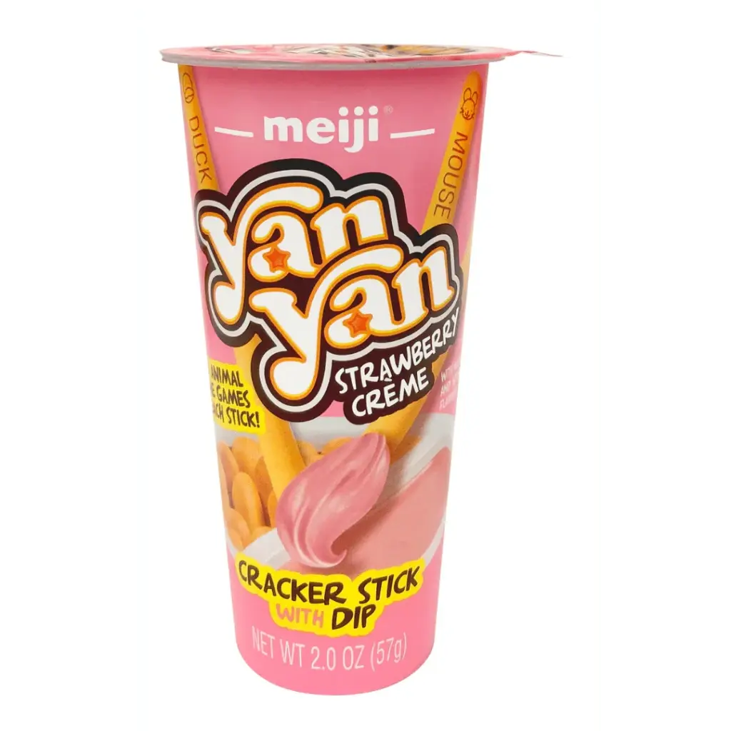 Meiji Yan Yan Crispy Cracker Stick Snacks - 57g Room Temp Strawberry Creme with Dipping Cream, Strawberry Powder, Whole Milk Powd, Crunchy ASMR for Interactive Snack Fans
