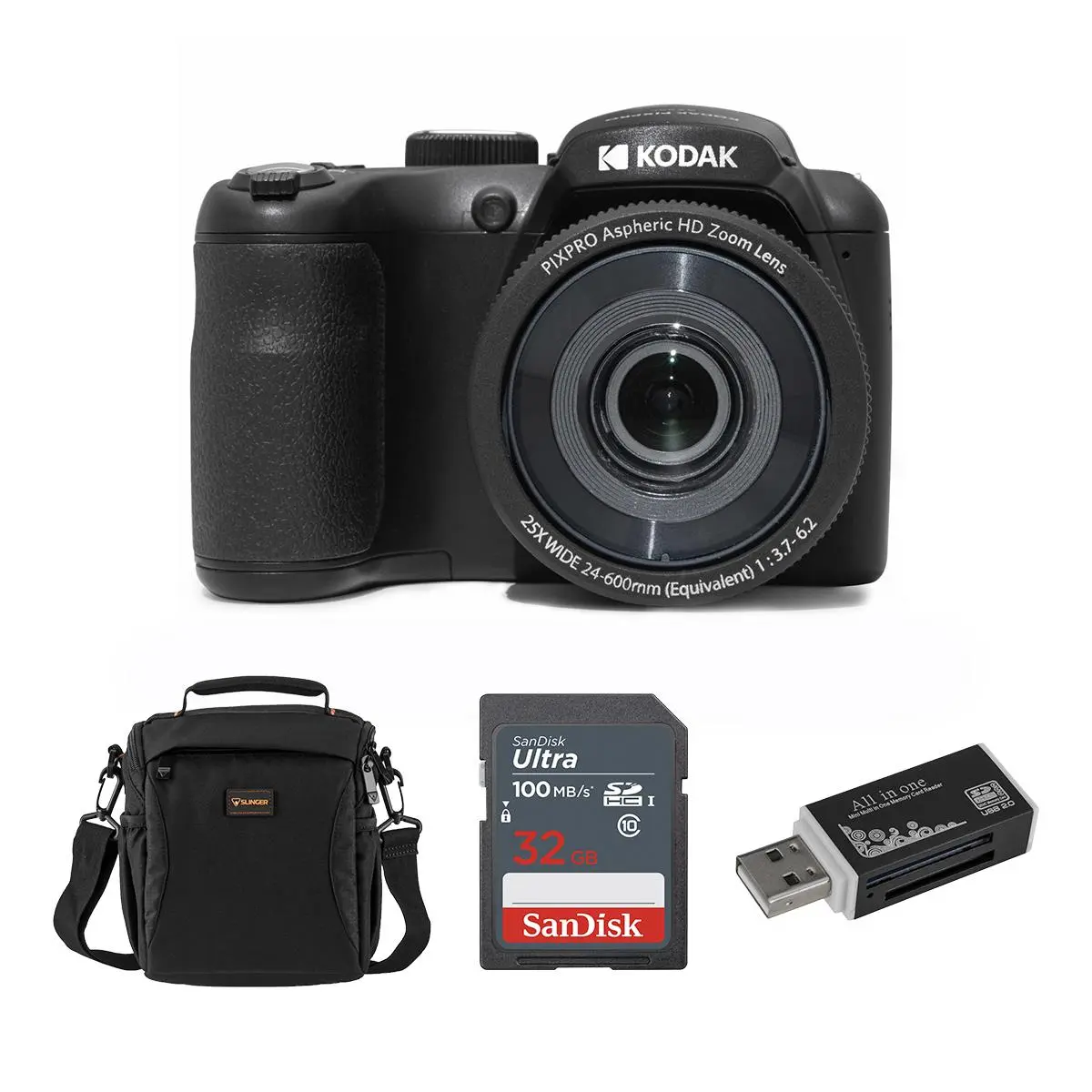 Kodak KODAK PIXPRO AZ255-BK 16MP Digital Camera 25X Optical Zoom 24mm Wide Angle Lens Optical Image Stabilization 1080P Full HD Video 3" LCD Vlogging Camera, With Bag & 32GB SD Card + Card Reader