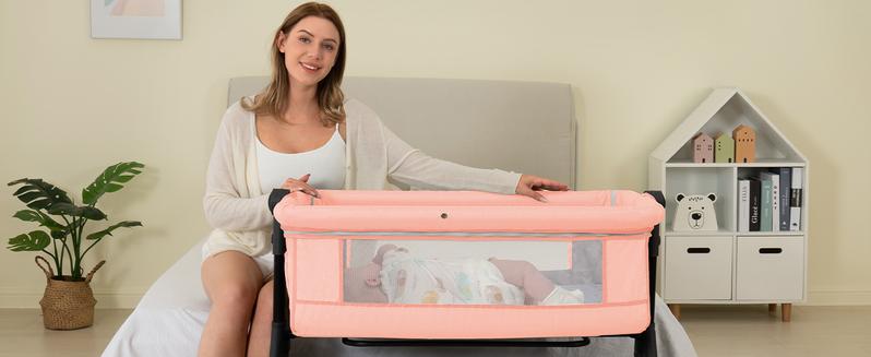 Baby Bassinet Crib, Crib for Infant&Newborn, Bedside Sleeper with Storage Basket and Mosquito Net, Easy to Fold, Height Adjustable, Portable Side Bed Crib