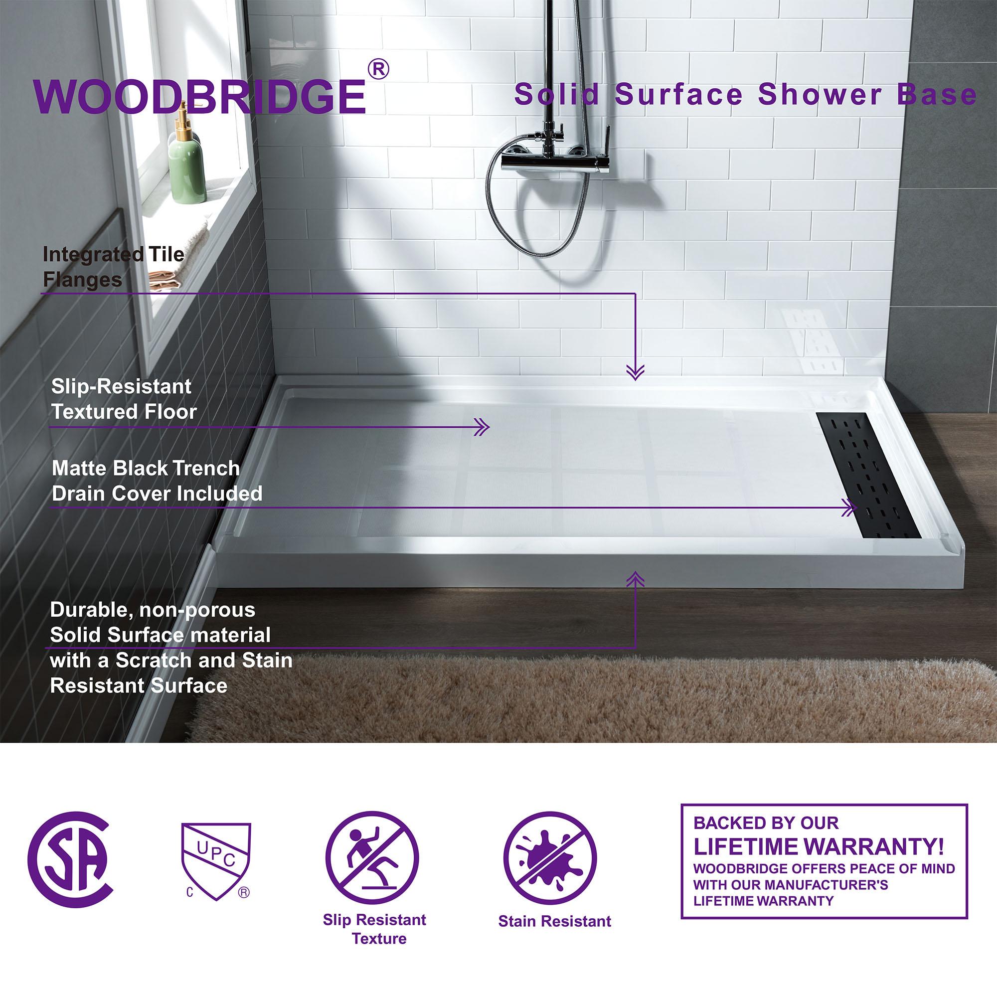 WOODBRIDGE SBR4832-1000R-MB SolidSurface Shower Base with Recessed Trench Side Including Matte Black Linear Cover, 48" L x 32" W x 4" H,Right Drain White Color WOODBRIDGE SBR4832-1000R-MB SolidSurface Shower Base with Recessed Trench Side Including Matte Black Linear Cover, 48" L x 32" W x 4" H,Right Drain White Color