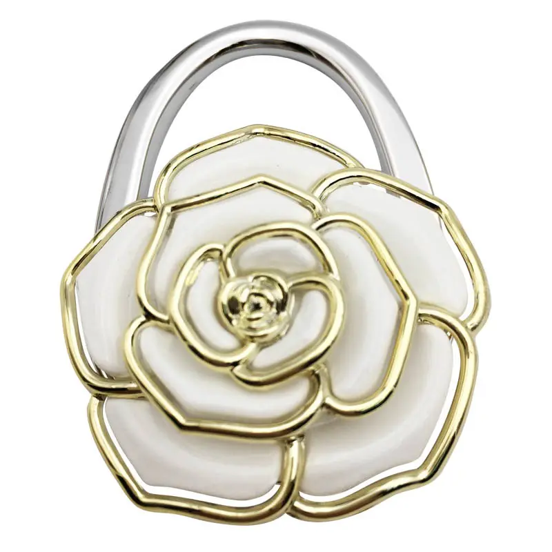 Camellia Flower Shaped Bag Hanger With Side Hook, Collapsible Metal Table Edge Purse Holder, Fashion Decor Handbag Storage Accessory