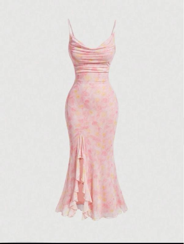 Ladies Romantic Pink Floral Ombre Dress For Spring, Summer, Outfit,Pastel Dresses For Women
