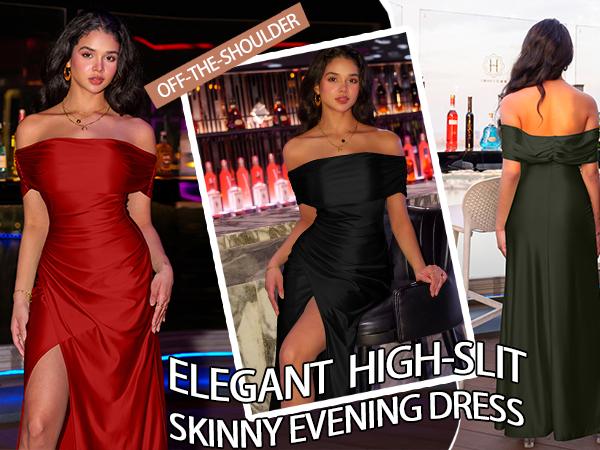 OYS Women's Elegant Off Shoulder High Split Bodycon Evening Wedding Maxi Dress