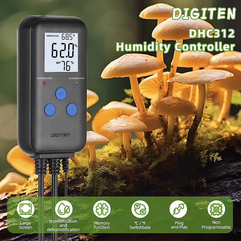 DIGITEN Humidity Controller Pre-Wired Digital Humidistat with Temperature Display, Dual-Stage Outlet Humidifier /Dehumidifier for Mushroom,Reptile, Greenhouse, Fan, Grow Tent