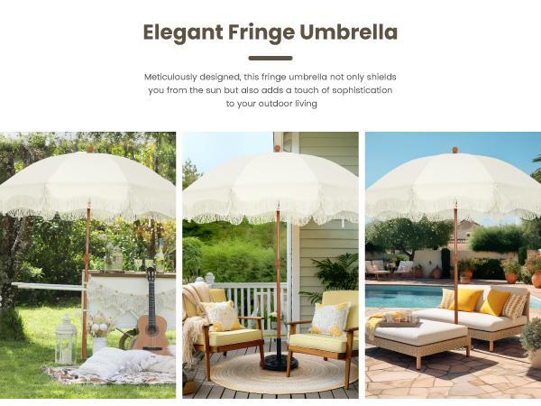 【Sophia&William】 7ft Patio Umbrella with Fringe, UPF 50+ Canopy, 8 High Wind Proof Fiberglass Ribs, Fully Assembled, Carry Bag Available Outdoor Aesthetic Round,