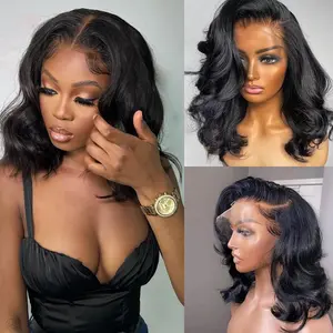 Body Wave Wig Transparent Lace Wigs For Women 100% Human Hair Wigs T Part Lace Wig Pre Plucked Bleached Knots Natural Hair Line Side Part Short Bob Wigs Wavy Hair wig human hair