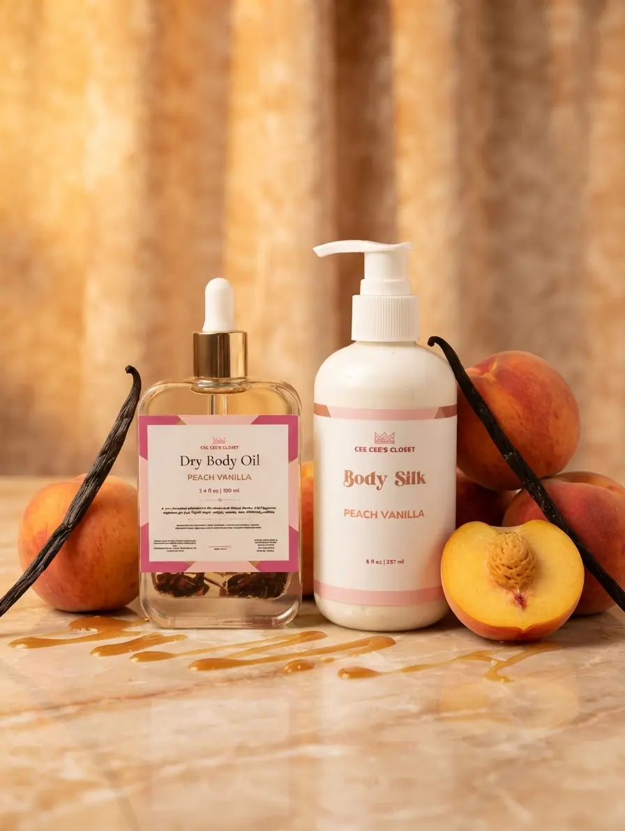 Peach Vanilla Hydration Duo | Dry Body Oil + Body Silk | Cocoa Butter Coconut Vanilla Moisturizing Skin Set| Non Greasy | Brightening Body Skincare Women