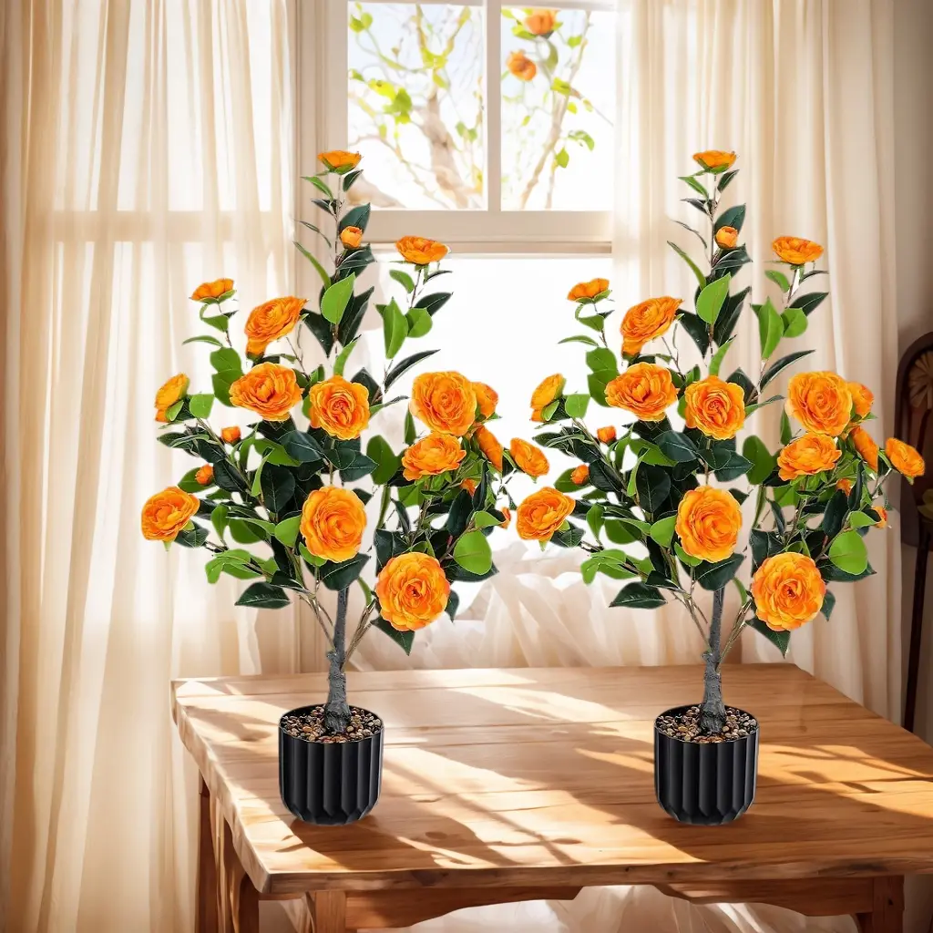 TOPFISH 2-Pack 36 in Silk Fake Camellia Trees, Colorful Floral Simulated Potted Plants with Orange Blooms & Greenery, Lifelike All Seasons Balcony Indoor Outdoor Home Decor Gift, Fake Camellia Tree, Colorful Simulated Flower