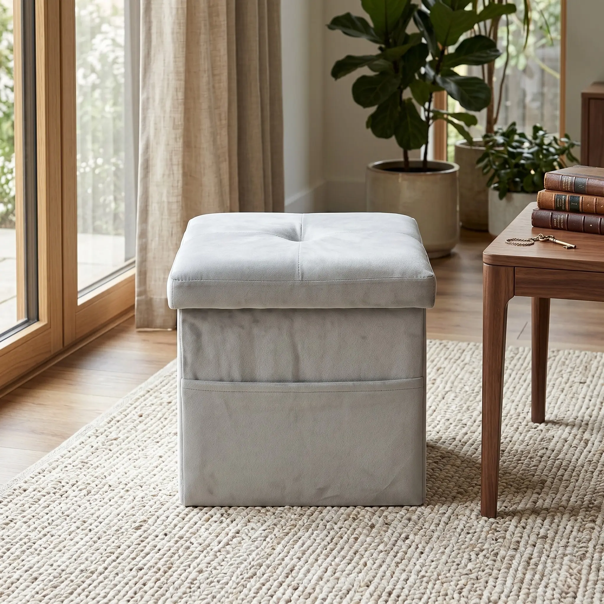 Favorer 12in Velvet Tufted Upholstered Foldable Storage Ottoman Bench - Armless, Modern, Comfortable Elegant Fashionable Classic Interior Stool with Pocket, Transitional Furniture, Requires Assembly