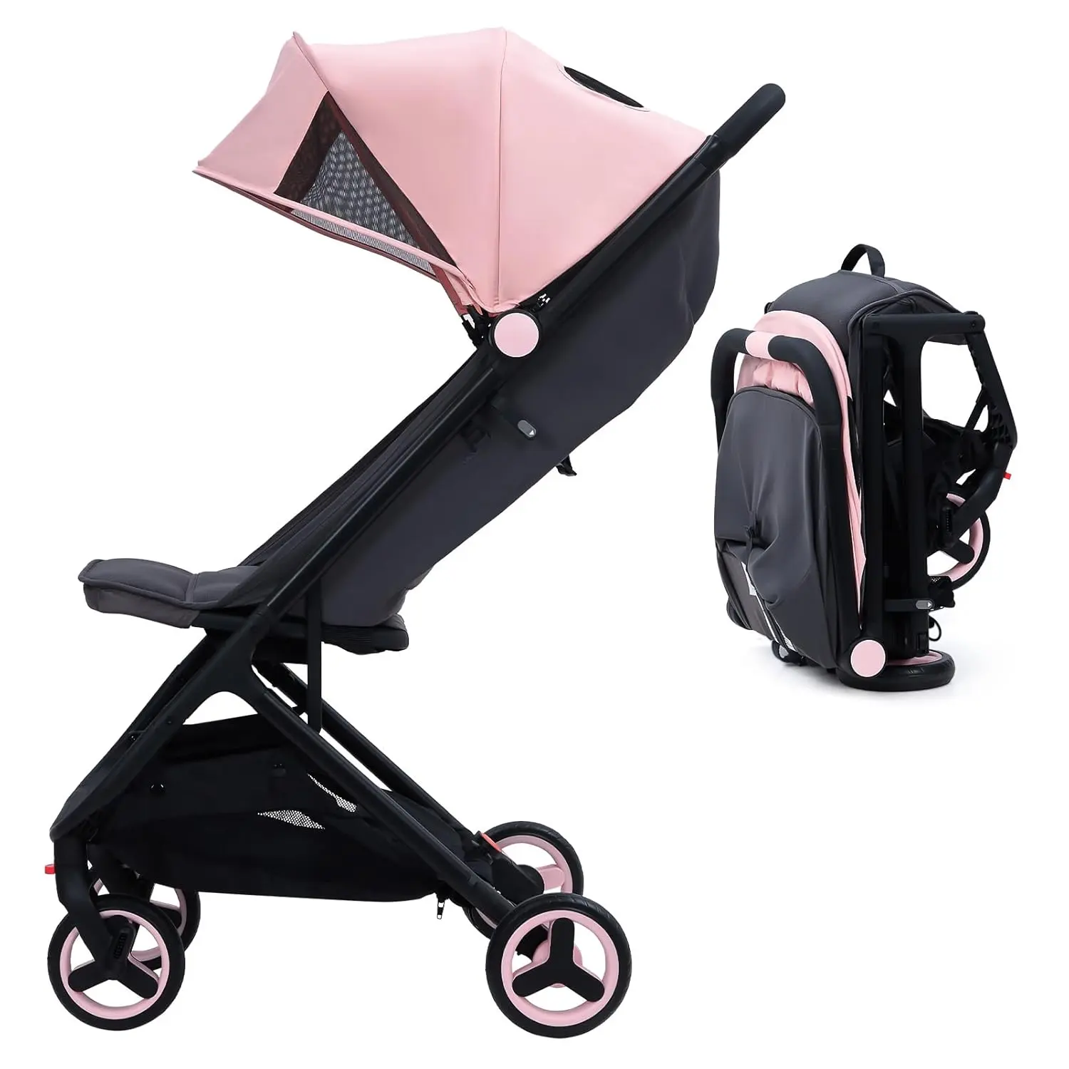 Gaomon Aluminum Adjustable Foldable Lightweight Travel Stroller - 300D Fabric, 1-Hand 1-Second Fold, Reclining Seat, Sunshade Canopy, Smooth Suspension, Storage, Airplane-Ready (Pink), Foldable Traveling Stroller, Umbrella Stroller