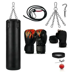 4FT Black Leather Hanging Punch Bag Set with Flame Gloves Speed Reflex Ball Wrist Wraps Adjustable Rope for Home Gym Training Boxing Equipment